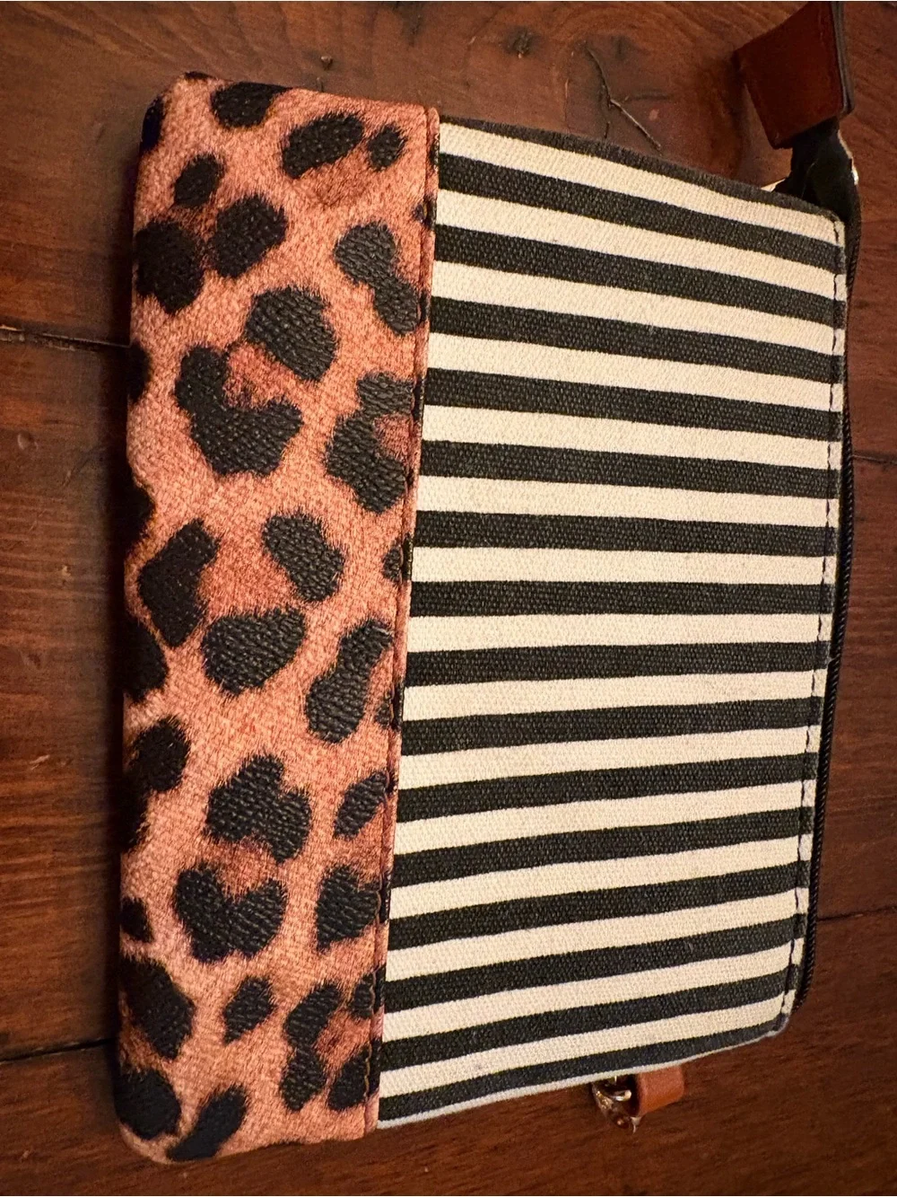 Striped Canvas Wristlet Clutch with Leopard Accent - Black, Brown